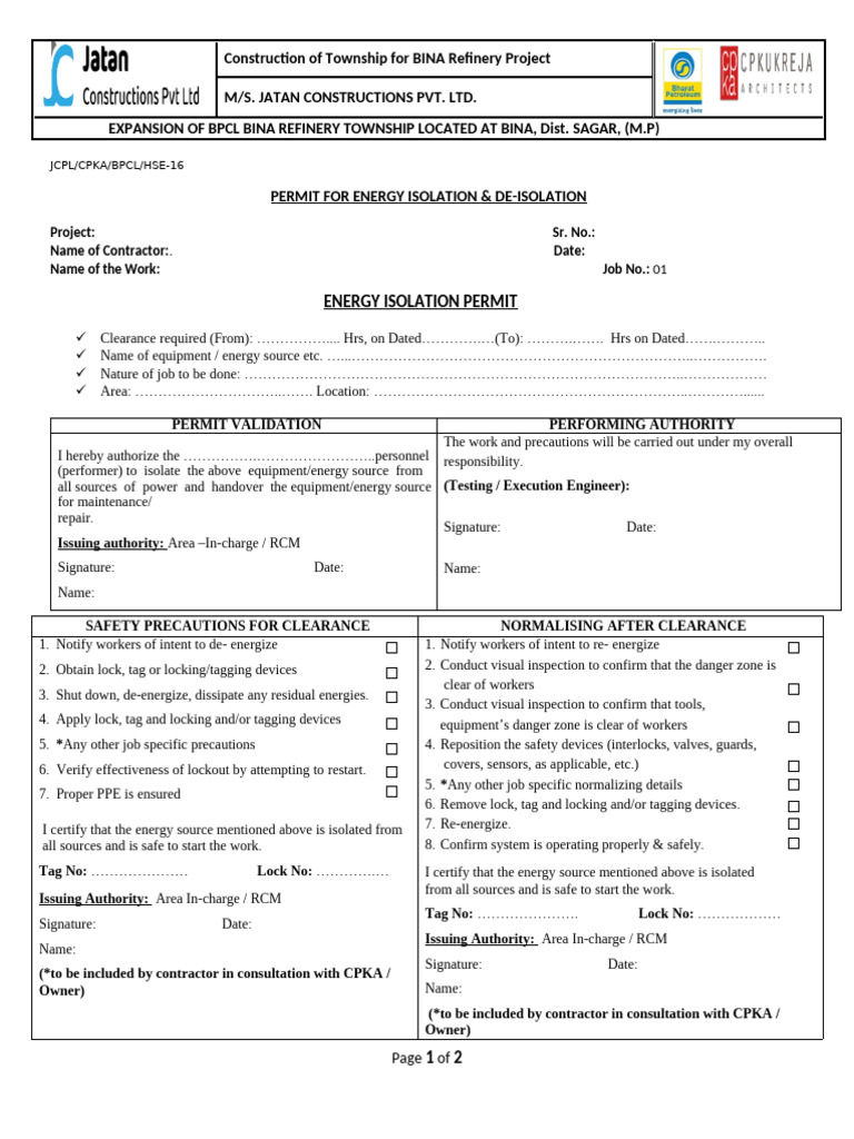 Energy Isolation & De-Isolation Permit | PDF