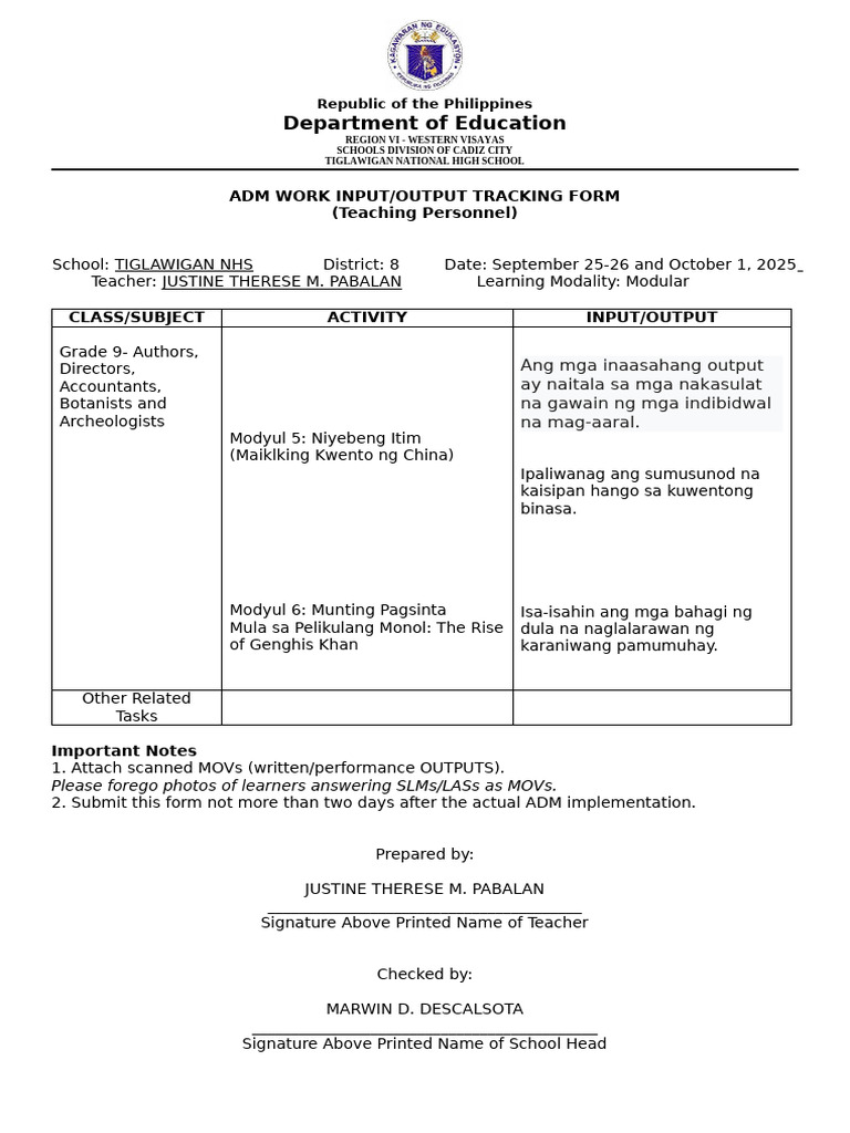 ADM Work InputOutput Tracking Form SEPT OCT | PDF