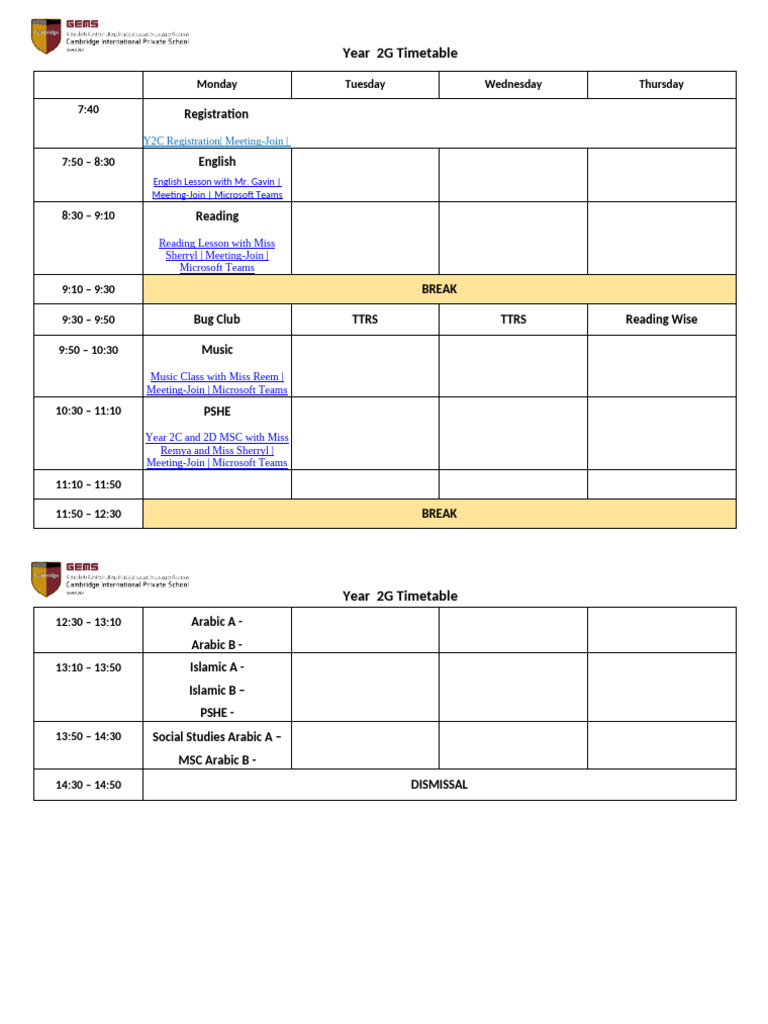 Timetable Template | PDF