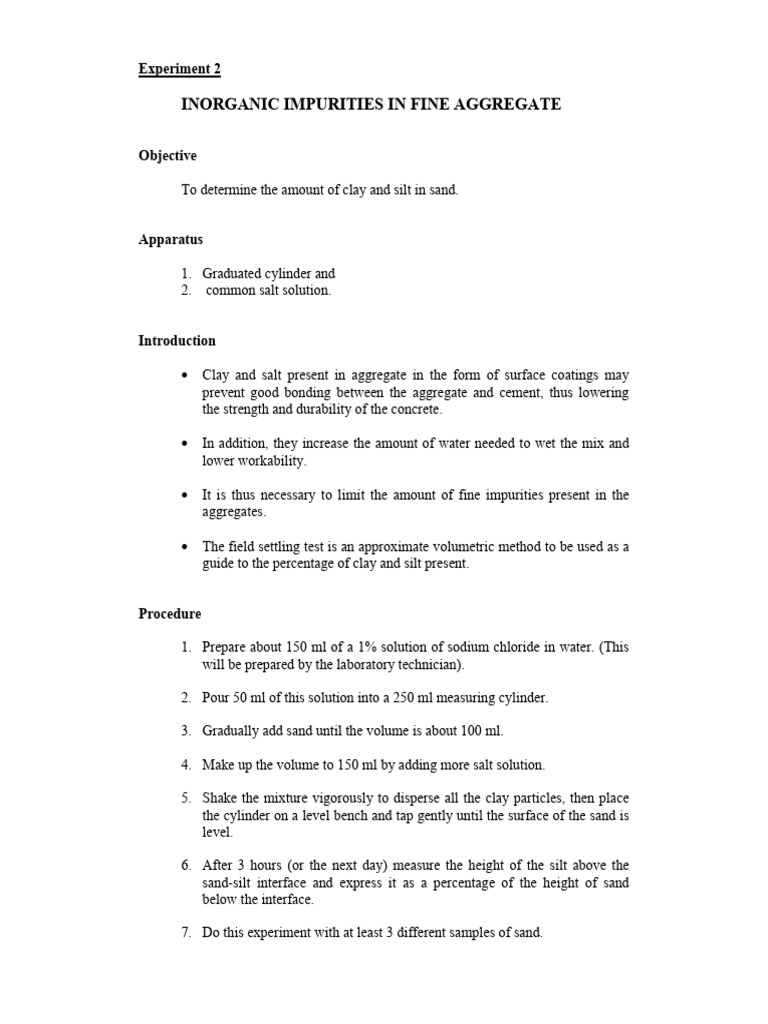 Exp. 2 - Inorganic Impurities in Fine Aggregate | PDF