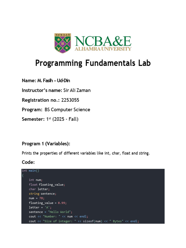M. Fasih Ud Din-2253055-Programming Fundamentals Lab | PDF | Computer ...