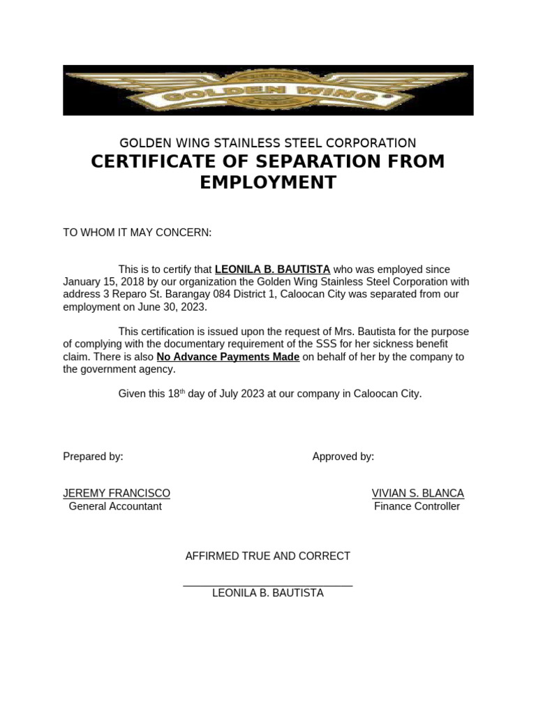 Certificate From Separation From Employment | PDF