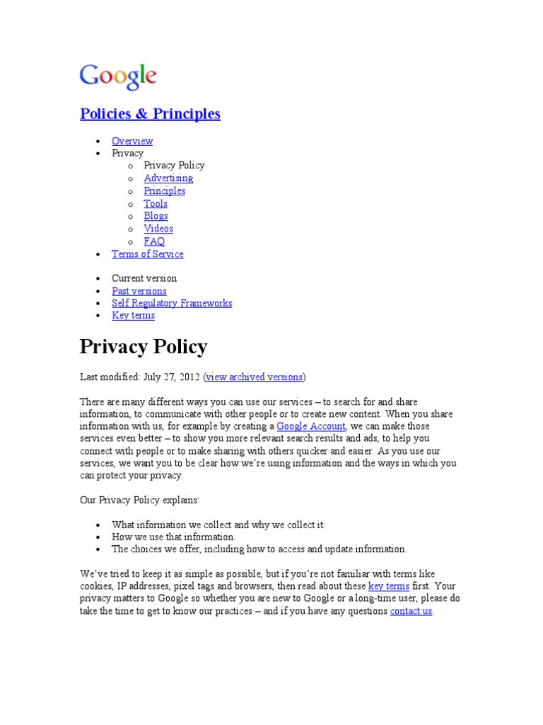 Google Privacy Policy Overview | PDF