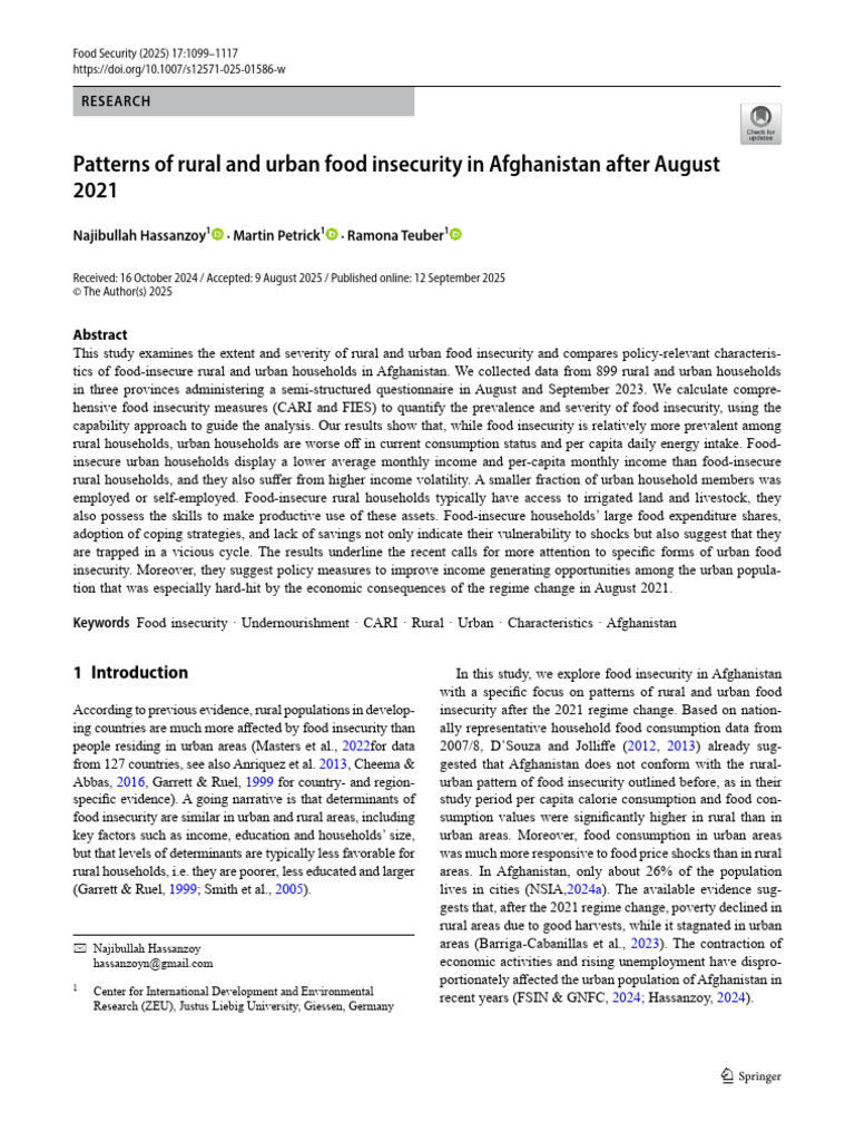 Patterns of Rural and Urban Food Insecurity in Afghanistan After August ...
