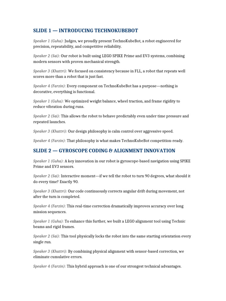 FLL Robot Game Script TechnoKubeBot Championship | PDF