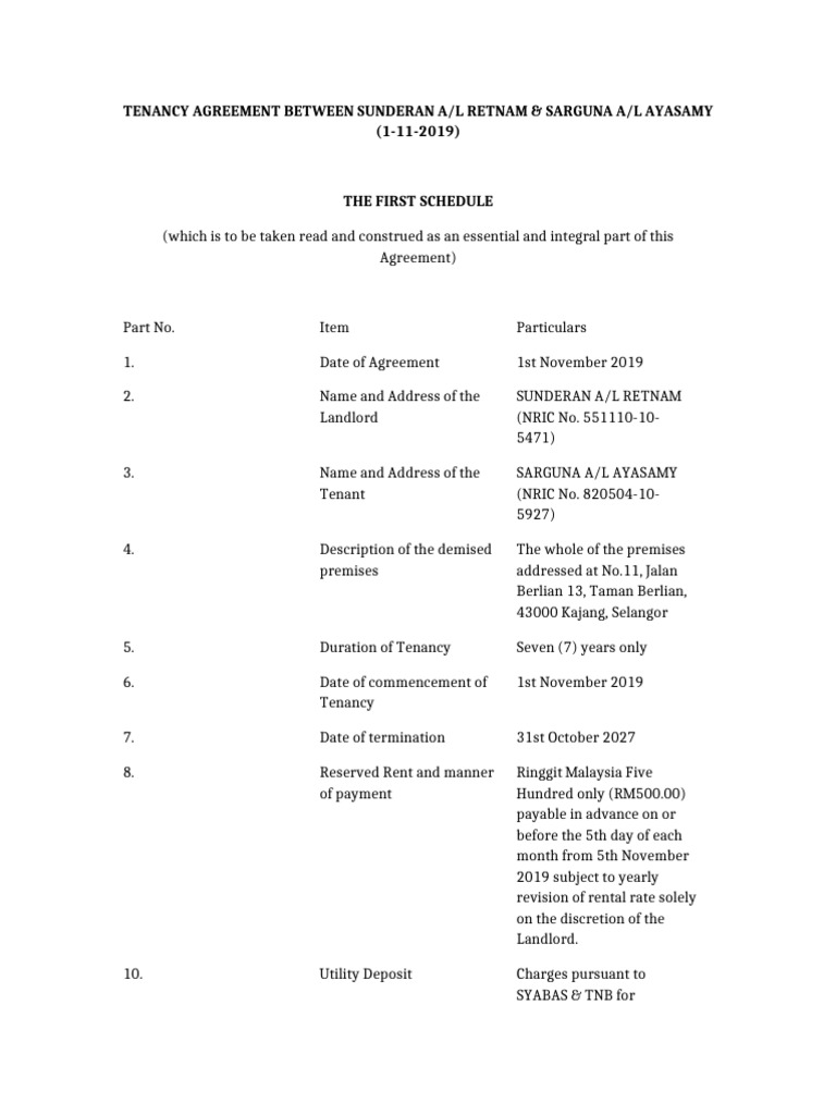 Tenancy Agreement First Schedule | PDF | Lease | Leasehold Estate