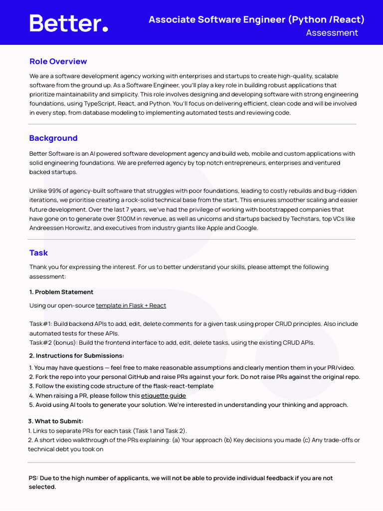 Associate Software Engineer (Python React) - Assessment | PDF | Startup ...