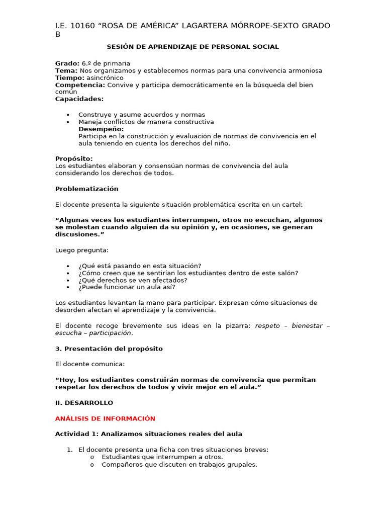 Sesión de Aprendizaje de Personal Social de Marzo 2026 | PDF | Maestros ...