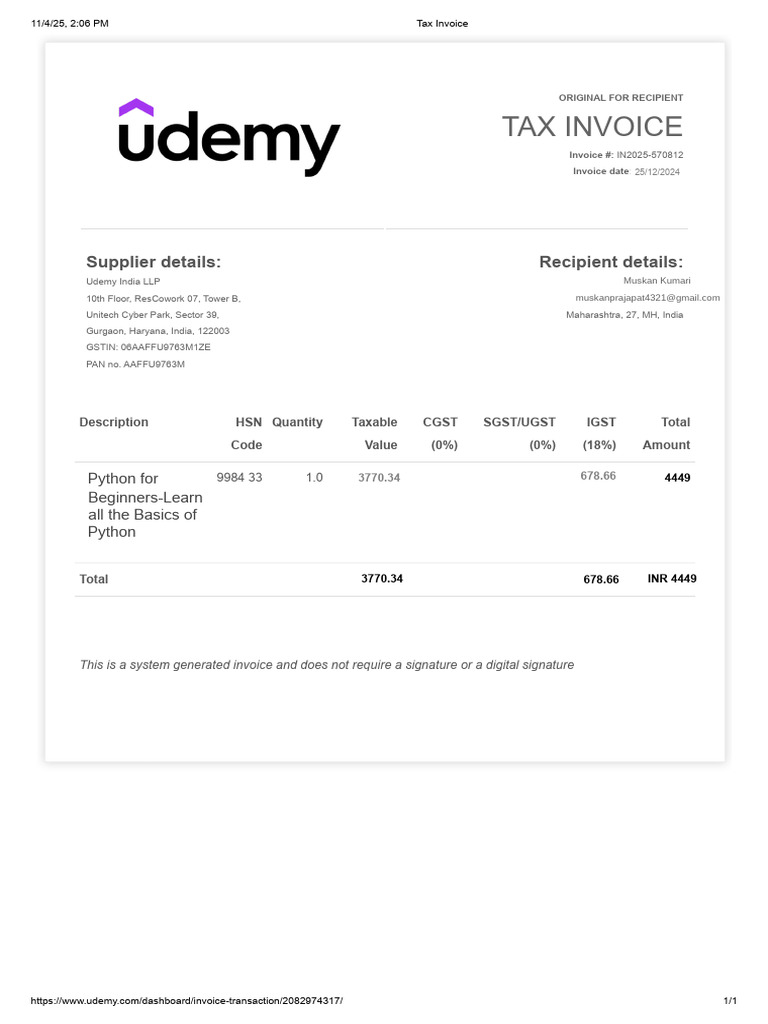 Python Course Invoice | PDF | Taxes | Taxation