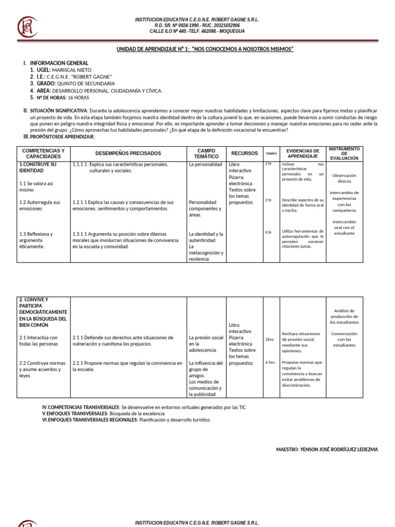 Unidad DPCC 5 2024 | PDF | Las emociones | Aprendizaje