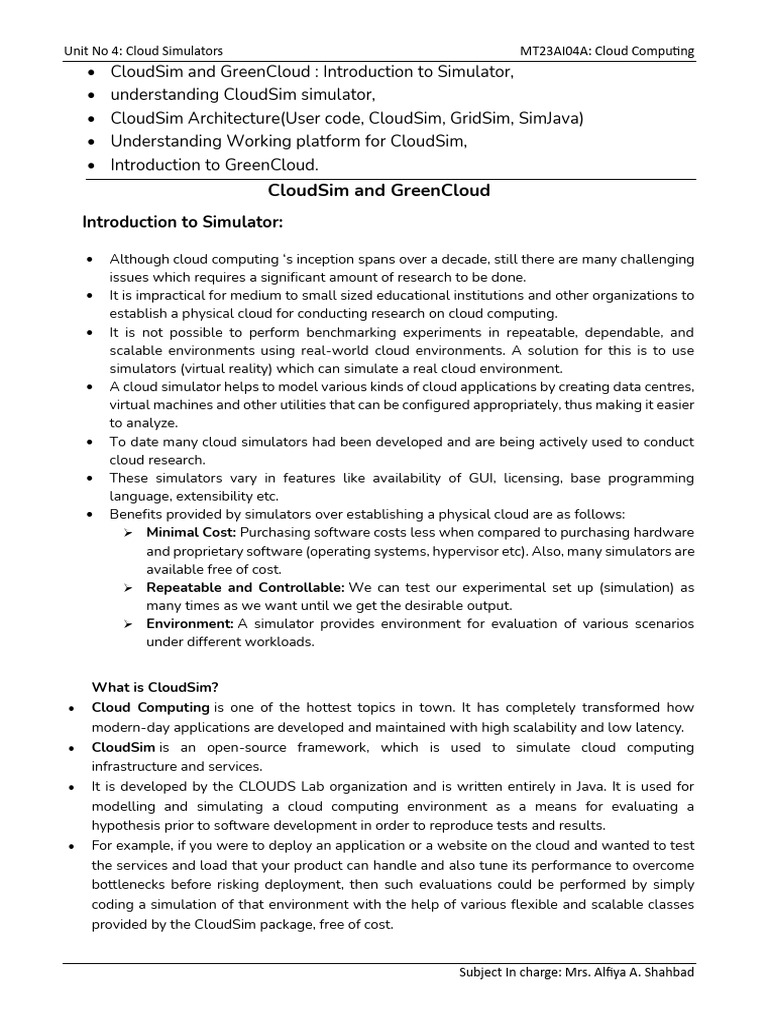 Unit 4 - Cloud Simulators | PDF | Cloud Computing | Simulation