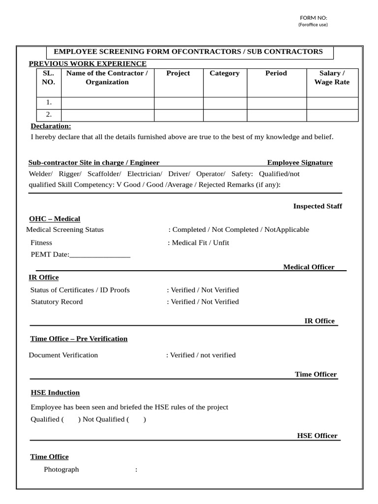 Workmen Screening Form - V4 | PDF