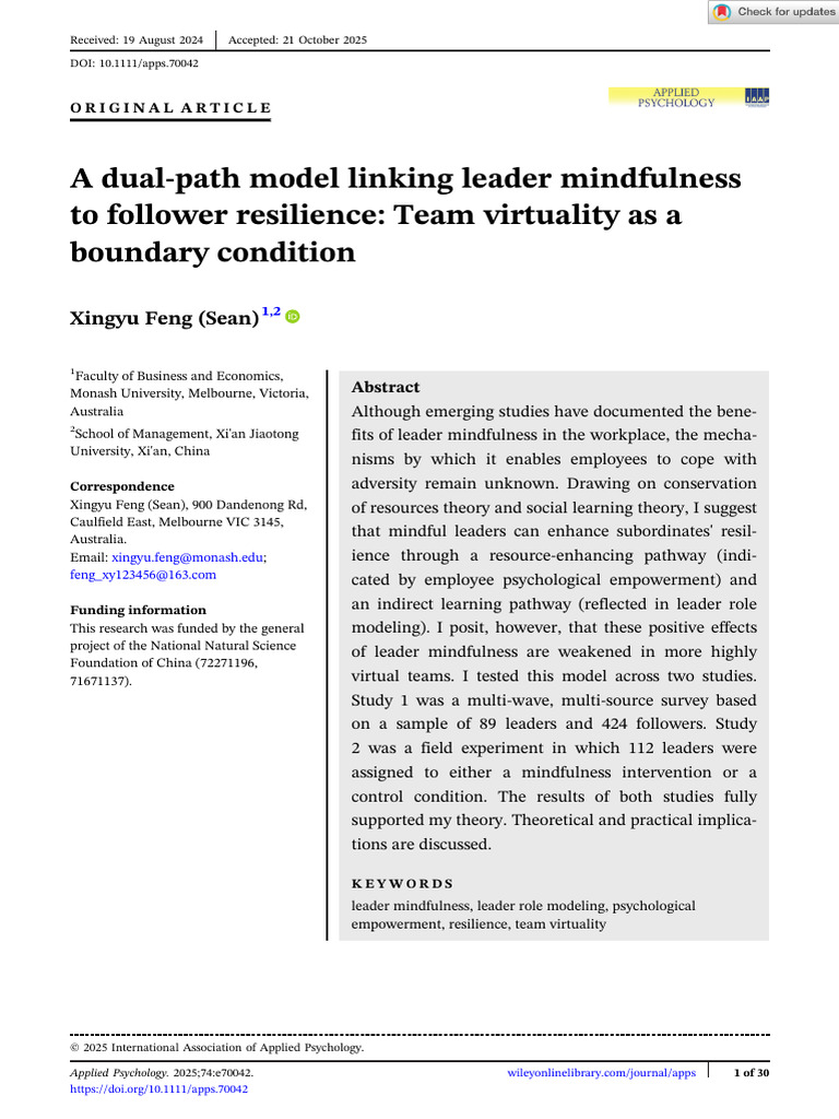 Applied Psychology - 2025 - Feng - A Dual Path Model Linking Leader ...
