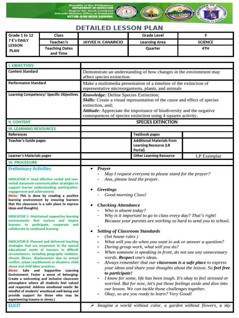 Detailed Lesson Plan Cot | PDF | Learning | Extinction