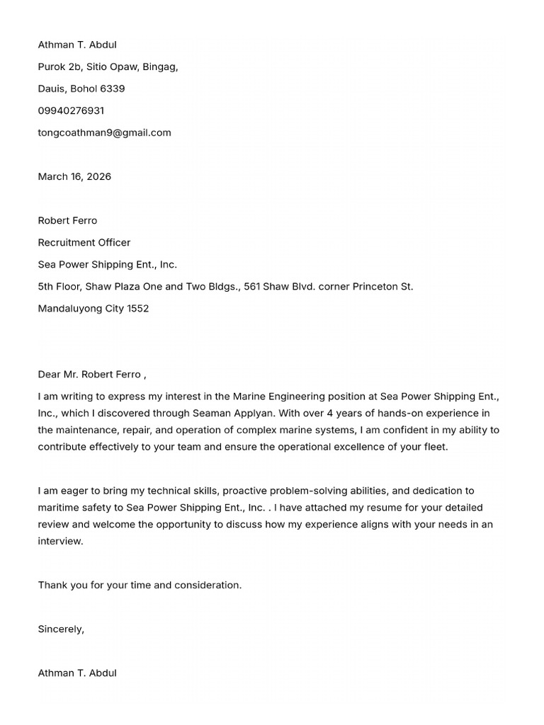 Generate a Formal Application Letter for a Marine Engineering Position ...