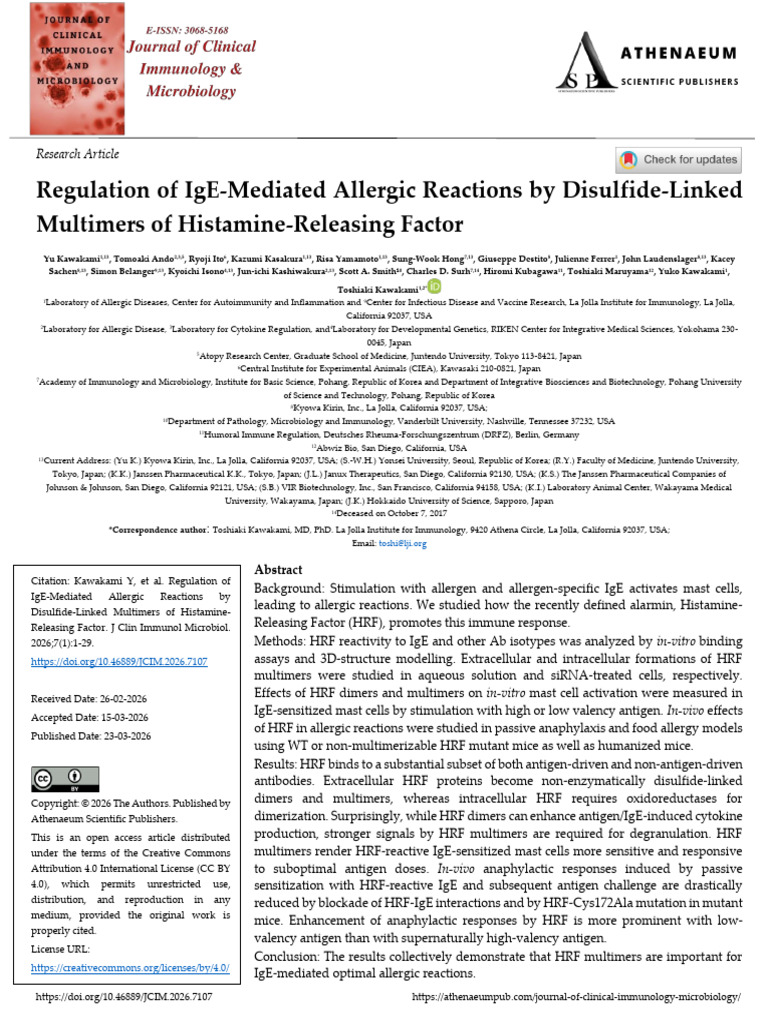 Regulation of IgE Mediated Allergic Reactions by Disulfide Linked ...