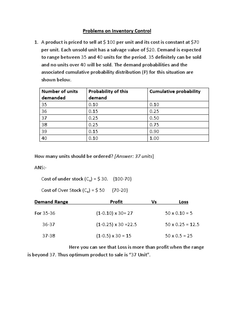 Problems On Inventory Control With Answer Standard Deviation Inventory