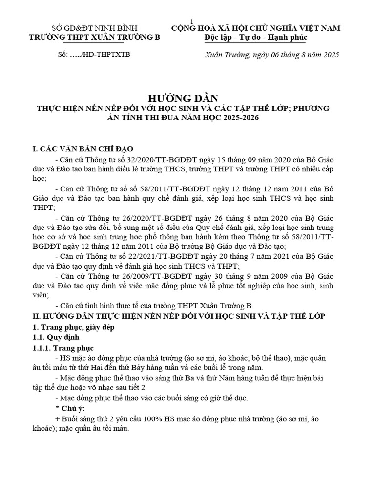 Huong Dan Thuc Hien Nen Nep Va Tinh Thi Dua HS 2025 2026 | PDF