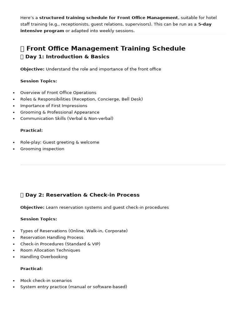 Front Office Management Training Schedule: Day 1: Introduction & Basics ...