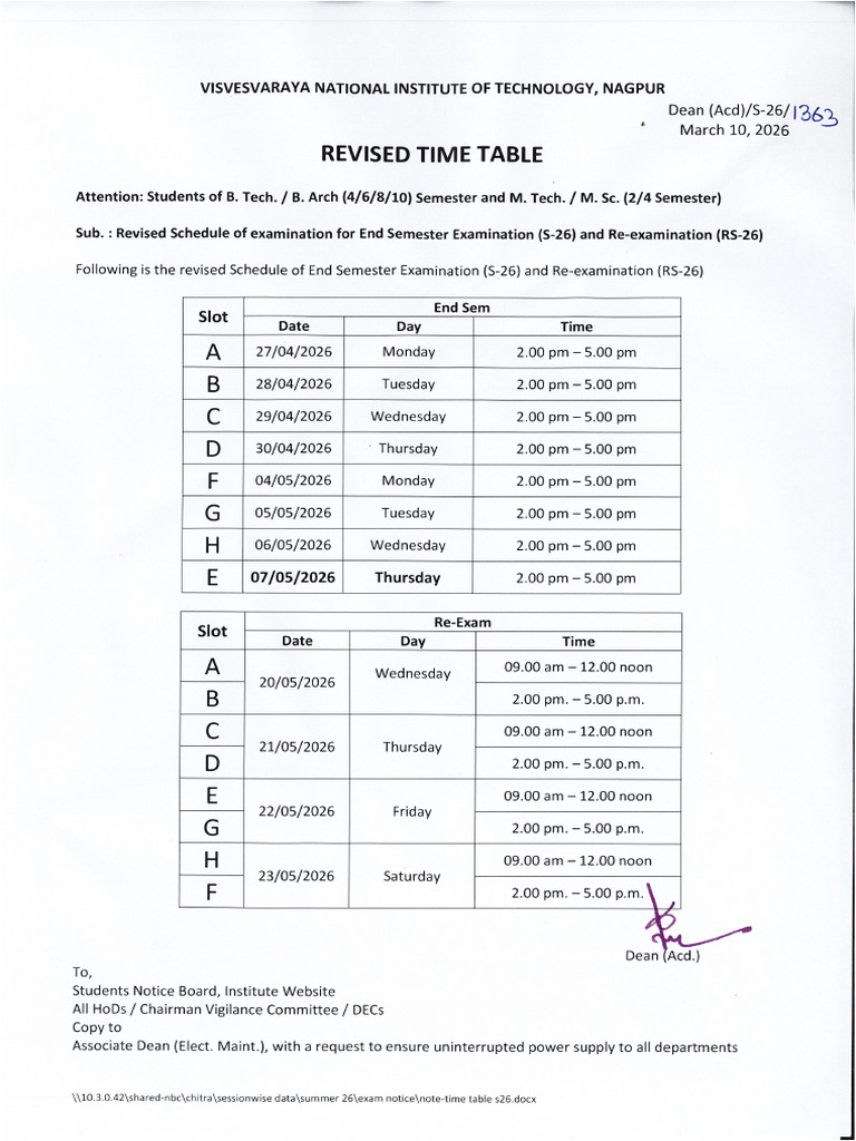 Revised Examination Schedule For End Sem (S-26) & Re-Exam (S-26) | PDF