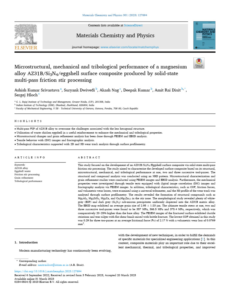 Microstructural, Mechanical and Tribological Performance of A Magnesium ...