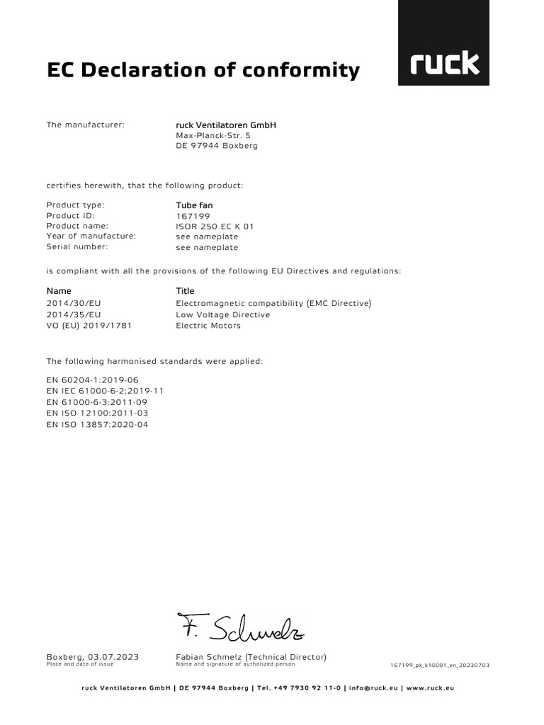 Ec Declaration of Conformity: Ruck Ventilatoren GMBH | PDF ...