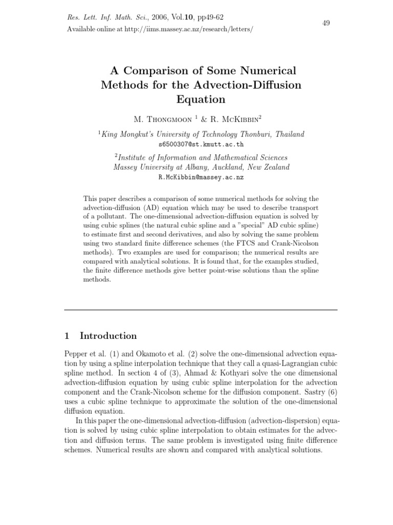A Comparison of Some Numerical Methods For The Advection-Diffusion ...