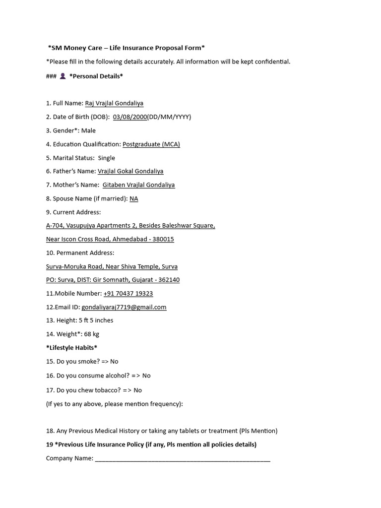 SM - Life Insurance Form | PDF