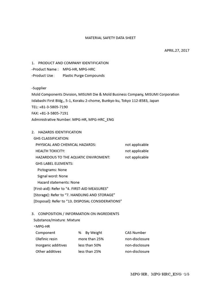 EL - MPG-HR, HRC Eglish MSDS Export | PDF | Toxicity | Occupational ...