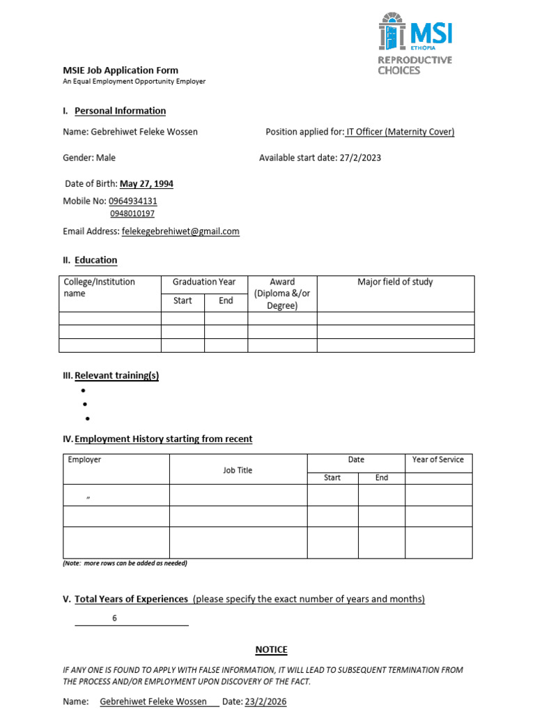 MSIE Job Application Form | PDF