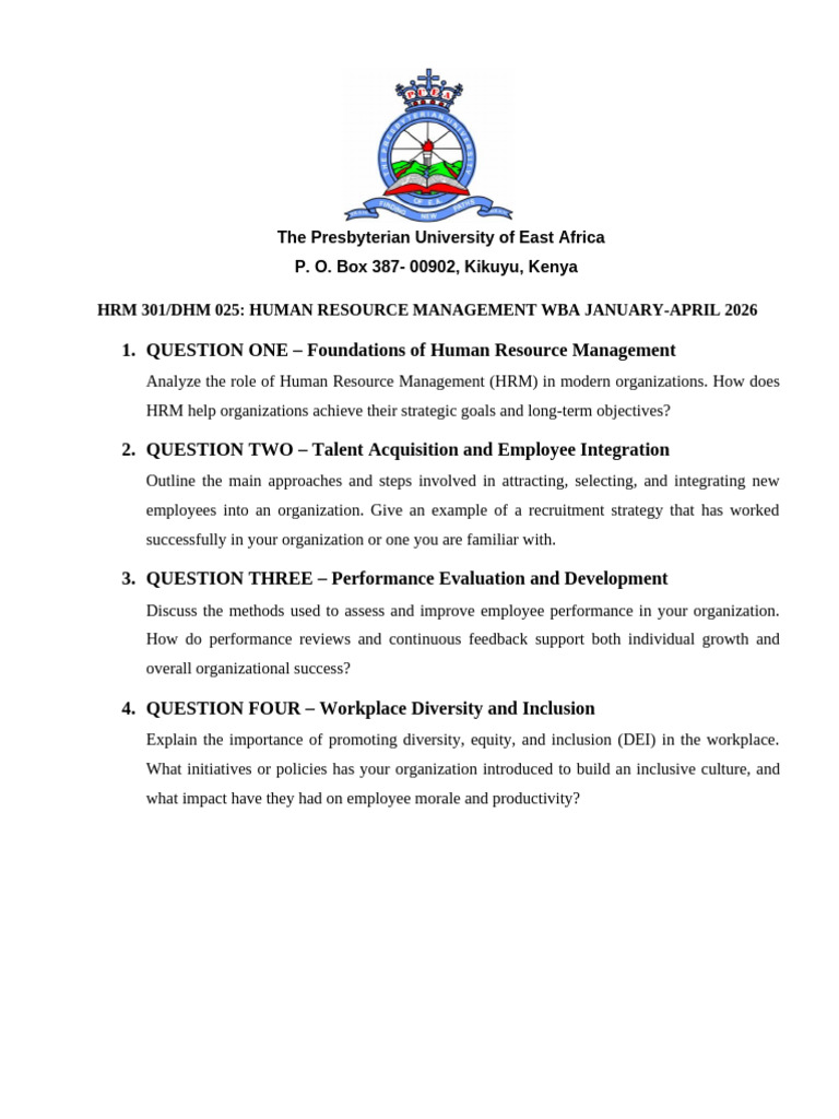 Puea HRM 301 Human Resource Management Wba Jan-Apr 2026 | PDF