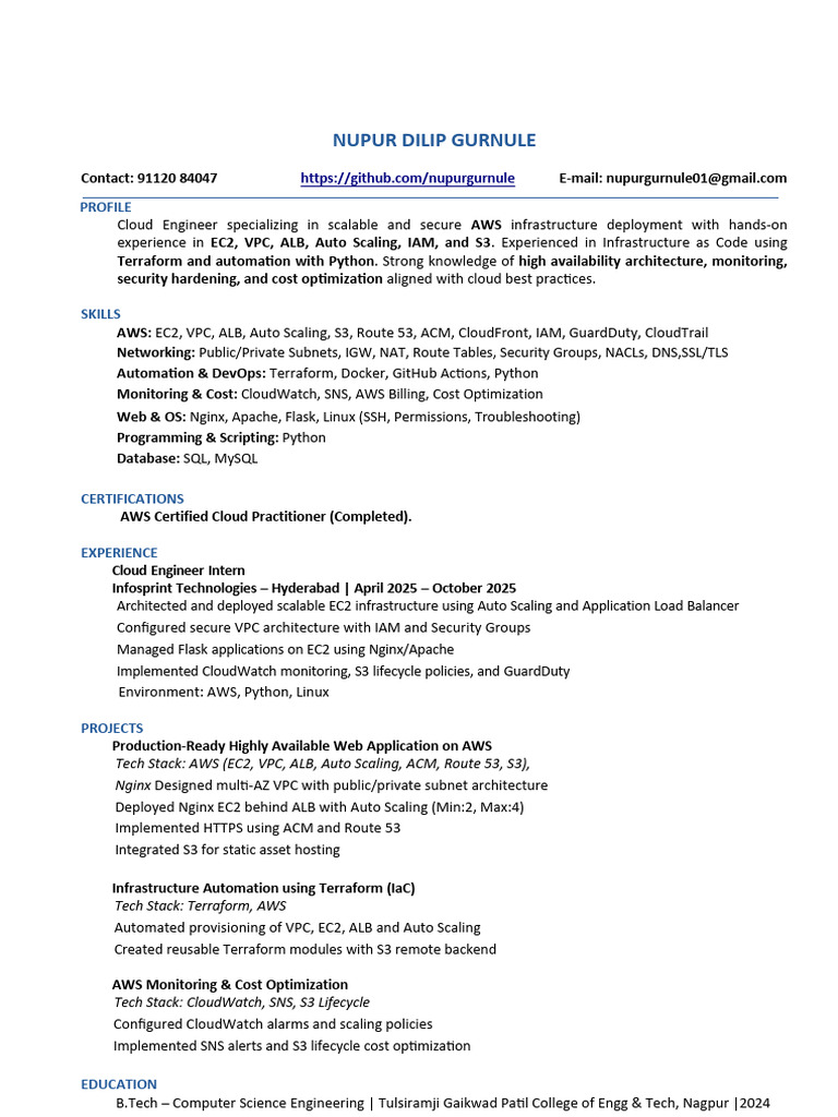 Nupur Gurnule Cloud Engineer Resume | PDF