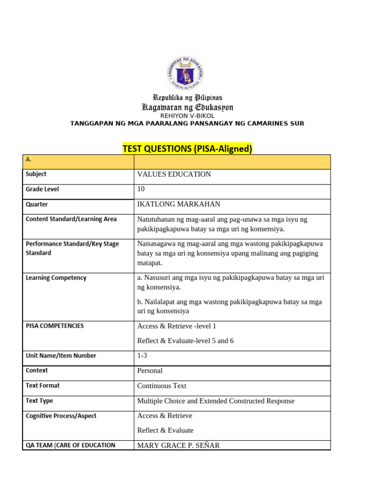 Test Questions Pisa Aligned Template - For The Output | PDF