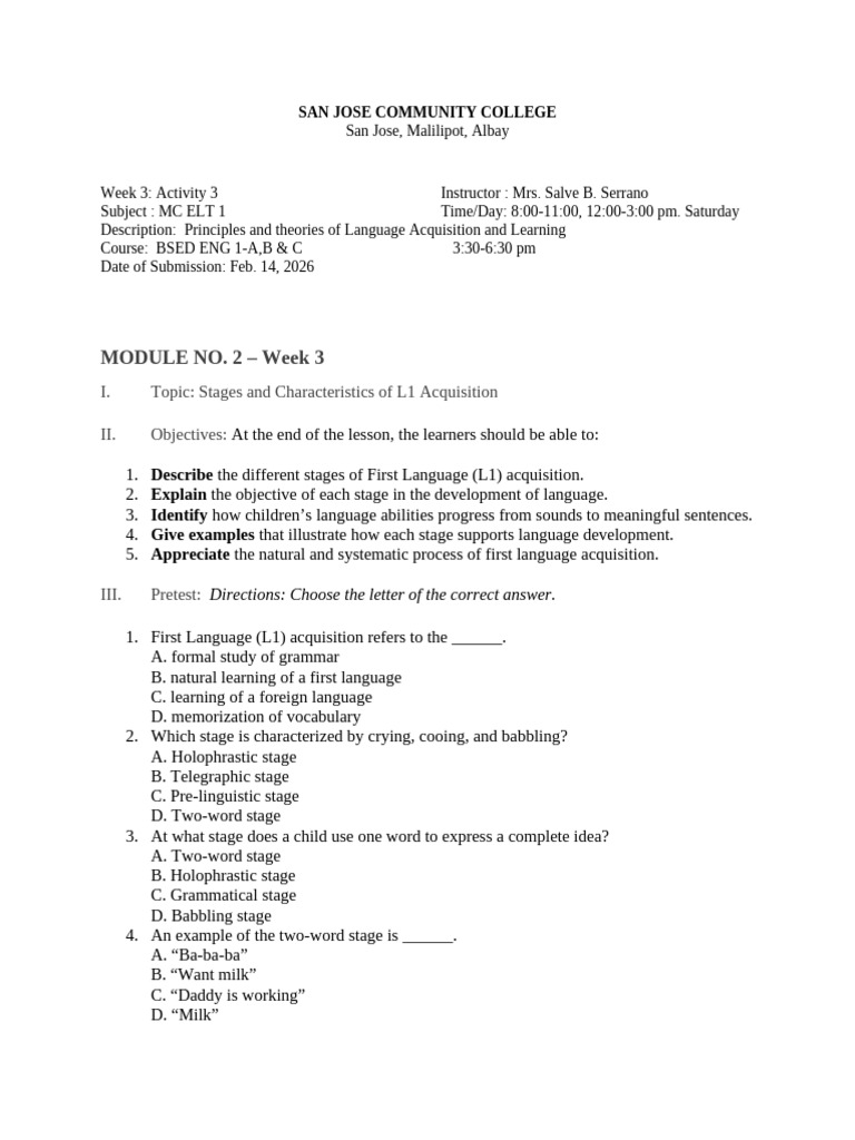 MC ELT 1 Week 3 Activity 3 2 | PDF | Language Acquisition | Grammar
