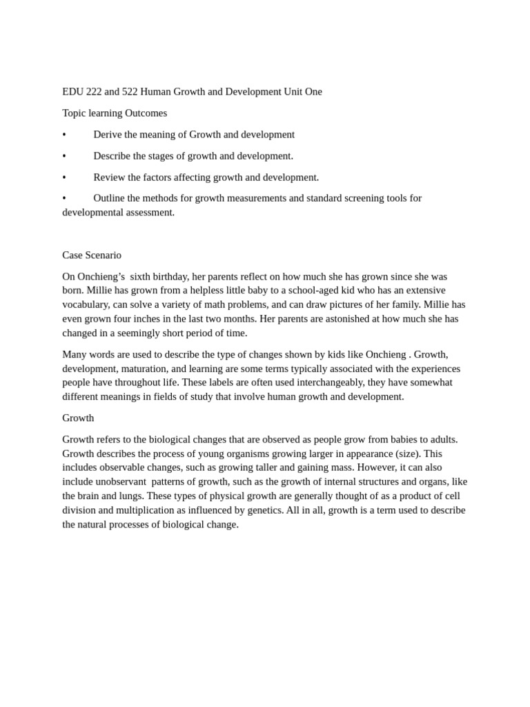 EDU 222 and 522 Human Growth and Development Unit One | PDF | Human ...