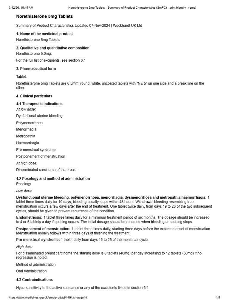 Norethisterone 5mg Tablets - Summary of Product Characteristics (SMPC ...