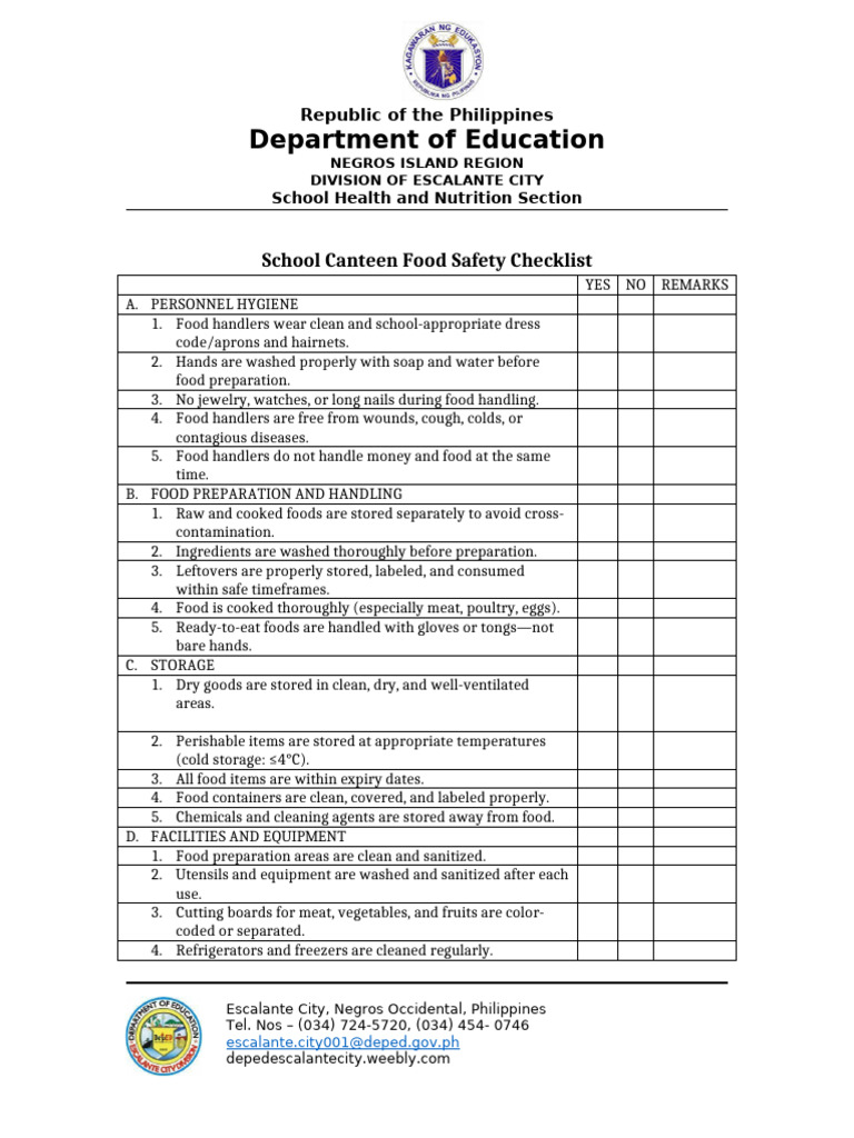School Canteen Food Safety Checklist | PDF | Food Safety | Foods