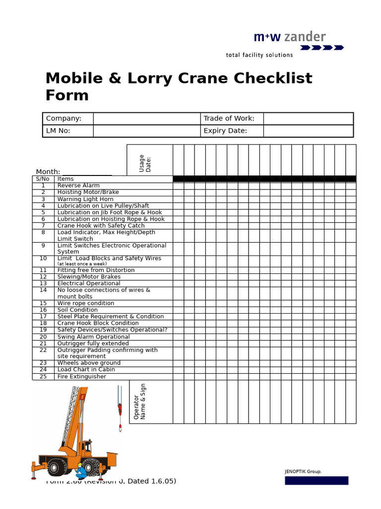 2.60 Mobile & Lorry Crane Checklist Form | PDF