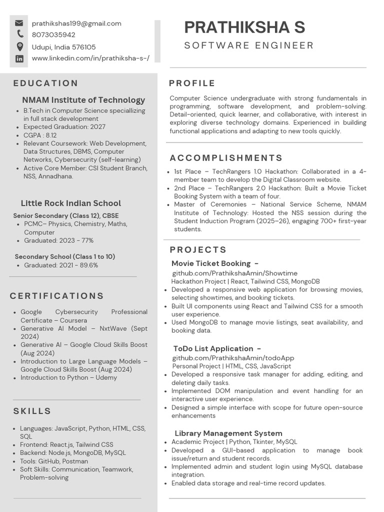 Prathiksha S: Software Engineer | PDF | Databases | My Sql