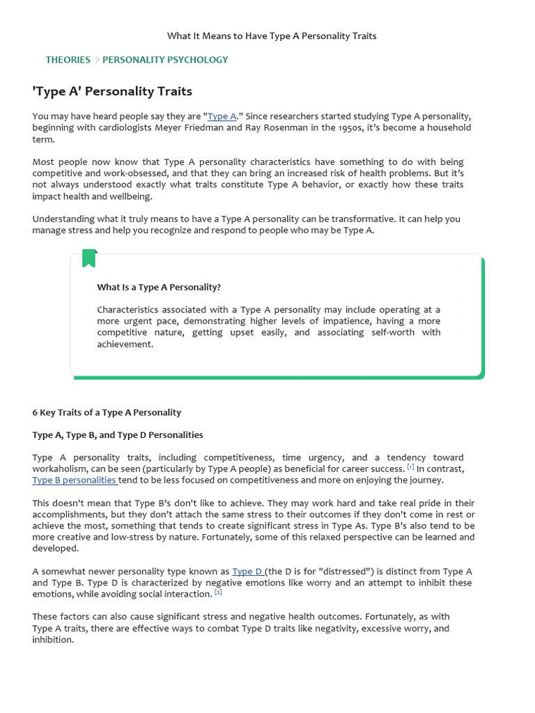 Type A Personality Traits | PDF | Behavioural Sciences | Psychological ...