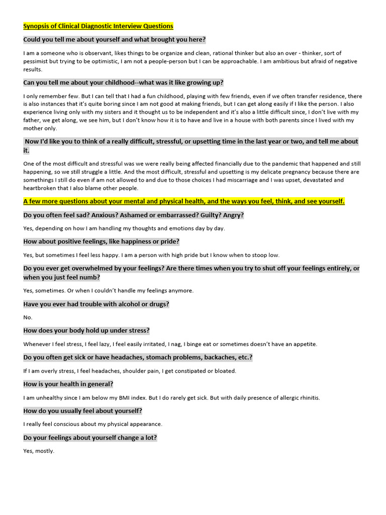 Synopsis of Clinical Diagnostic Interview Questions | PDF | Feeling ...