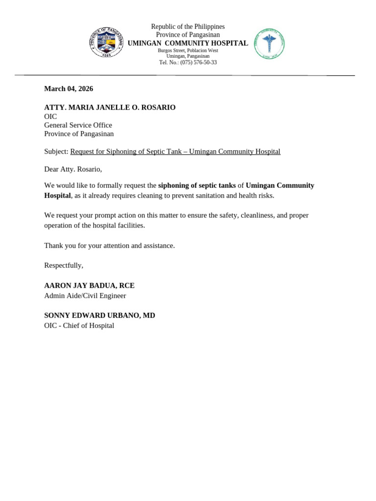 Letter For Siphoning of Septic Tank | PDF