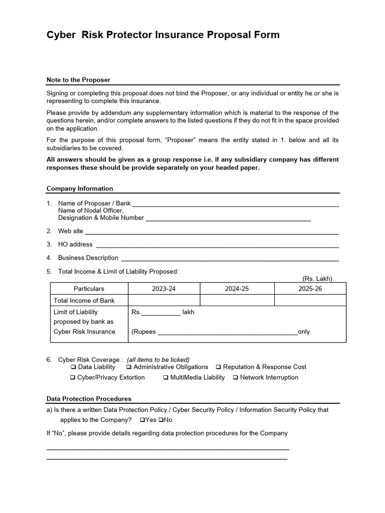 Annexure II - Cyber Insurance - Cyber Risk Proposal Form | PDF ...