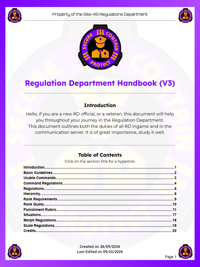 Site-45 - Regulations Department (RD) Handbook (V3) | PDF