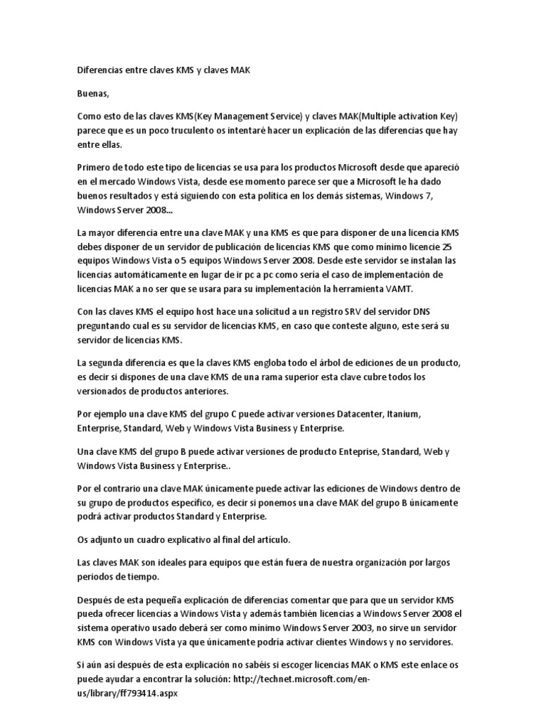 Diferencias Entre Claves KMS y Claves MAK PDF Microsoft Windows