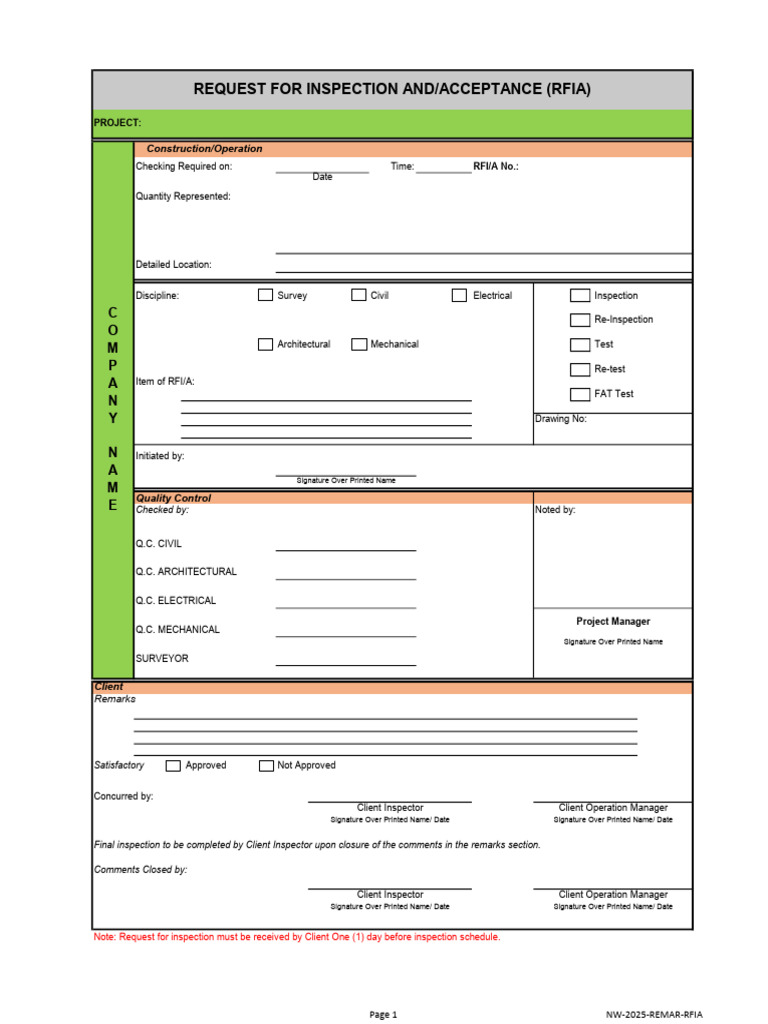 Request For Inspection and Acceptance Format | PDF | Quality