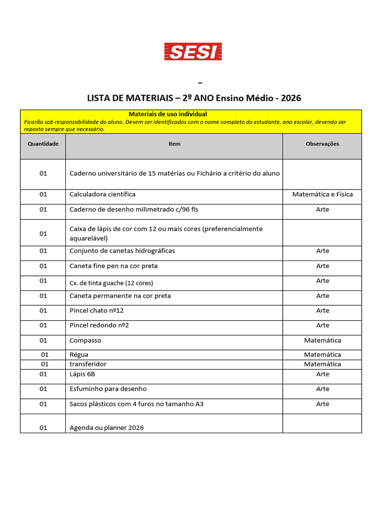 2o Ano Em Lista de Materiais 2026 | PDF | Caneta | Desenho