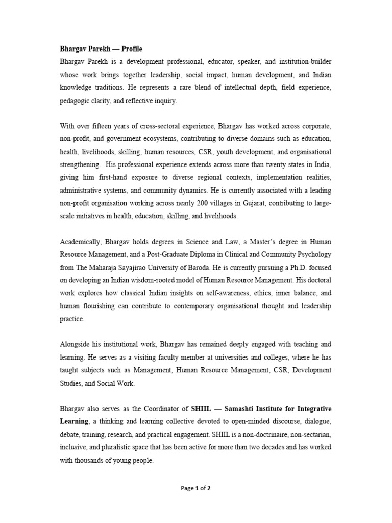 Bhargav Parekh Detailed Profile - 9march2026 | PDF | Wisdom | Pedagogy