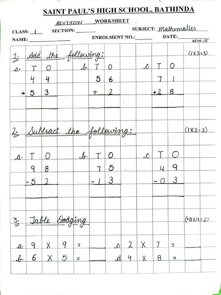 Class - 1 Mathematics Revision Worksheet | PDF
