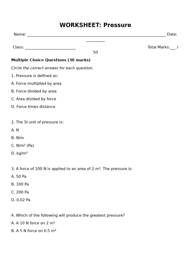 Pressure Practice Questions - IGCSE | PDF | Pressure | Pascal (Unit)